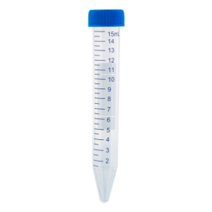 A blue-capped conical centrifuge tube with volume markings up to 15 ml.