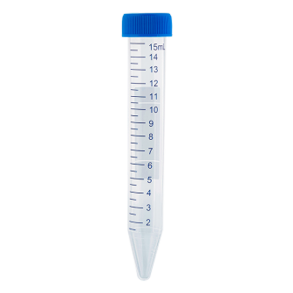 A blue-capped conical centrifuge tube with volume markings up to 15 ml.