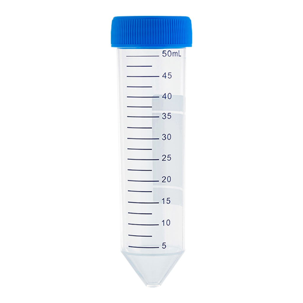 A clear plastic conical centrifuge tube with a blue screw cap, marked with volume measurements.