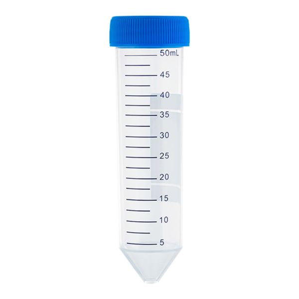 A clear conical centrifuge tube with blue screw cap and volume markings.