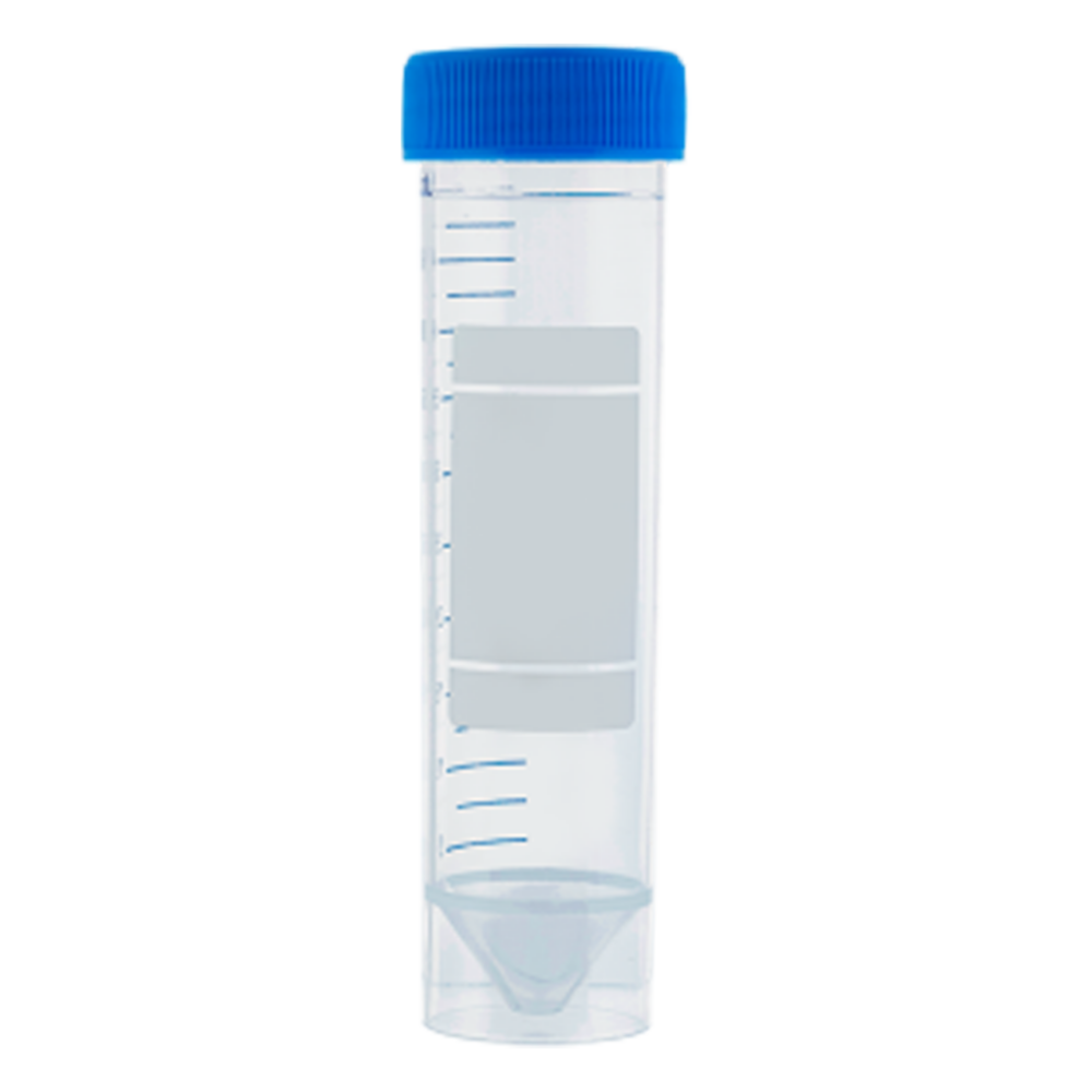 Clear plastic specimen container with blue lid and measurement markings.
