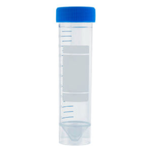 Clear plastic specimen container with blue lid and measurement markings.