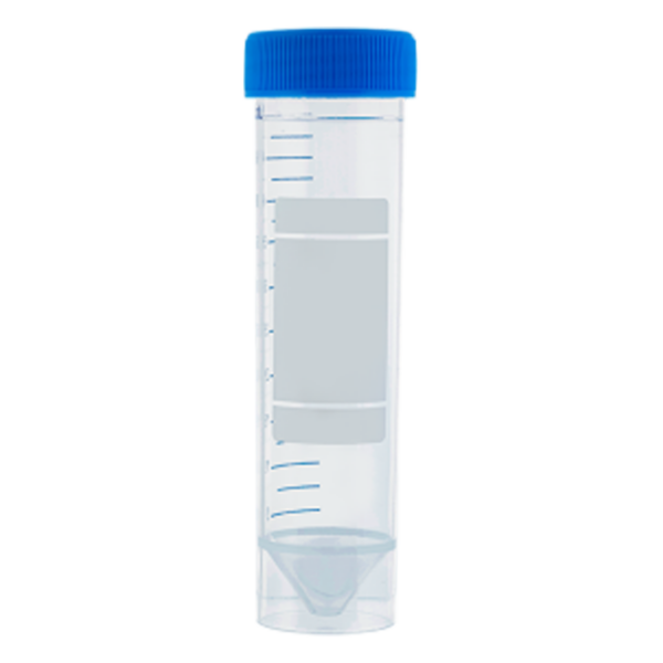 Clear plastic specimen container with blue lid and measurement markings.