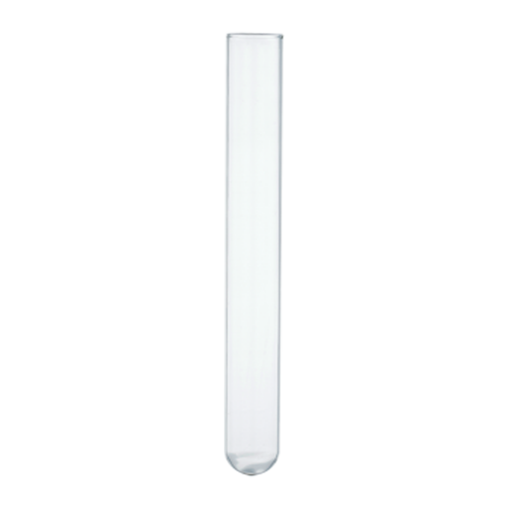 A clear, empty test tube with a rounded bottom.