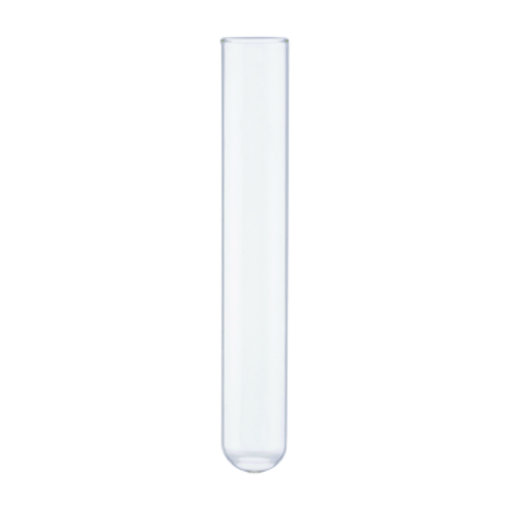 A clear empty test tube with a rounded bottom.