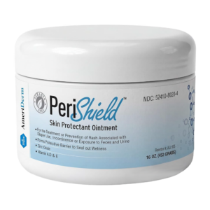 Jar of PeriShield skin protectant ointment with white lid.