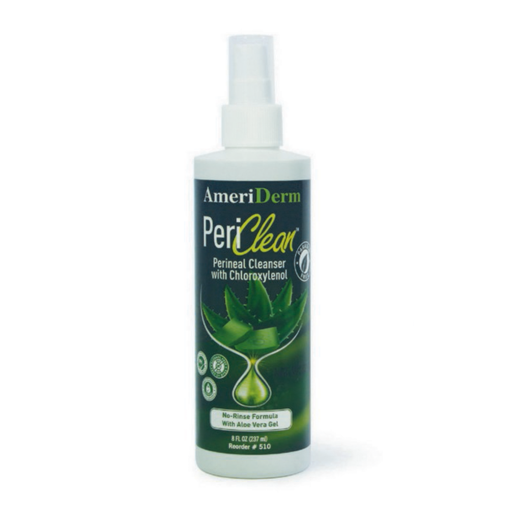 Bottle of AmeriDerm Peri Clean spray for intimate hygiene.