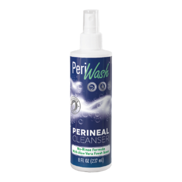 A bottle of PeriWipes Perineal Cleanser spray for feminine hygiene.