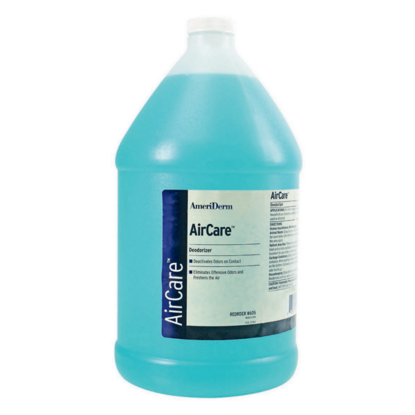 A gallon jug of blue AirCare cleaning solution.