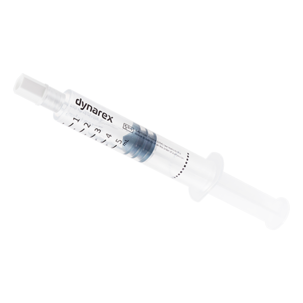 A syringe filled with liquid on a white background.