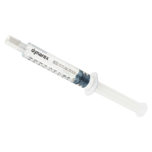 A syringe filled with clear liquid on a white background.