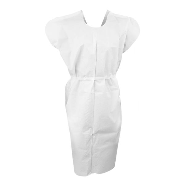 A white disposable medical gown with short sleeves and a waist tie.