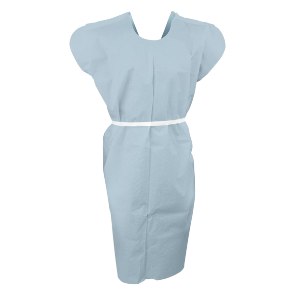 A light blue disposable medical gown with a white tie belt.