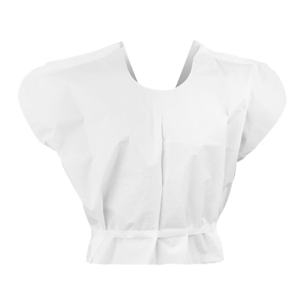 White women's blouse with puffed short sleeves and a cinched waist.