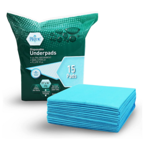 Pack of 15 blue disposable underpads for protection.