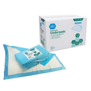 Box and pack of disposable underpads for protection.