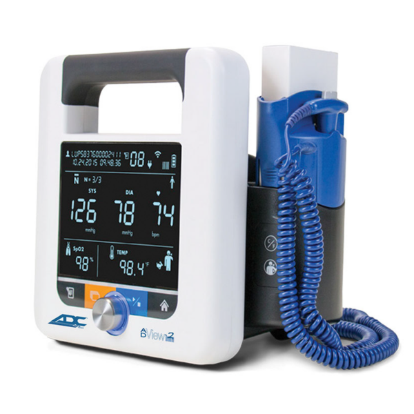 A medical device displaying vital signs with a blue coiled cable and probe.