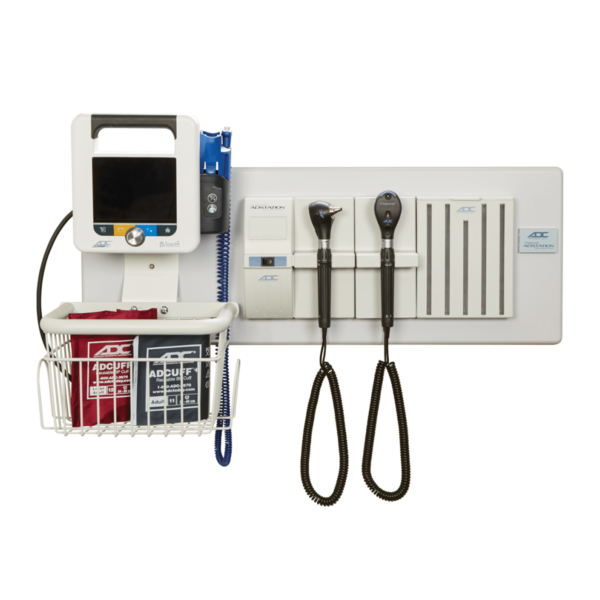 Wall-mounted medical diagnostic device with blood pressure monitor and otoscope.