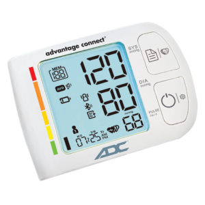 Digital blood pressure monitor showing readings.