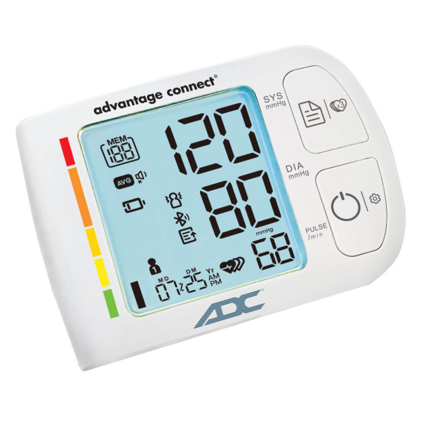 Digital blood pressure monitor showing readings.