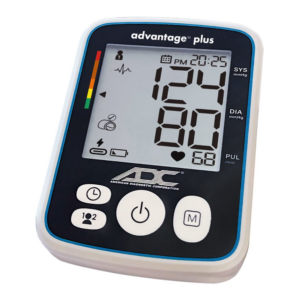 Digital blood pressure monitor displaying a reading.