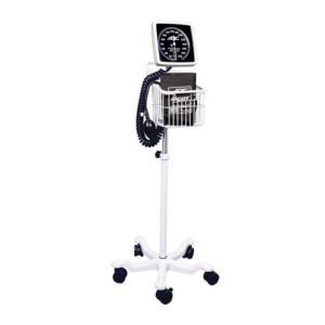 Modern digital blood pressure monitor on a rolling stand.