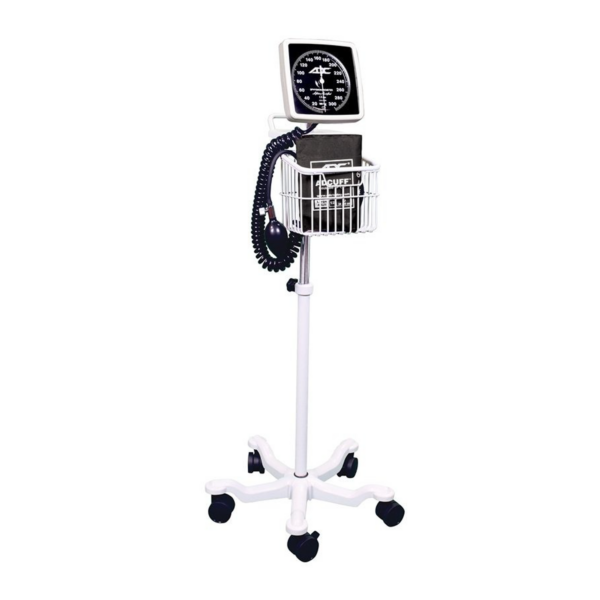 Modern digital blood pressure monitor on a rolling stand.