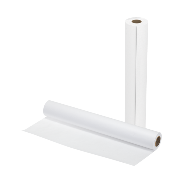 Two white rolls of paper or film, one standing and one lying down.