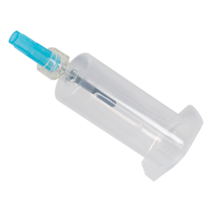A clear plastic syringe with a blue needle cap.