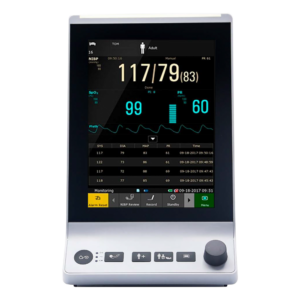 A medical monitor displaying vital signs including blood pressure and oxygen saturation.
