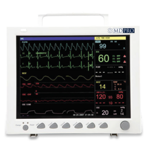 Medical monitor displaying vital signs like heart rate and oxygen levels.