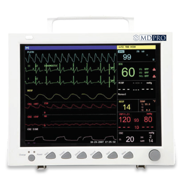 Medical monitor displaying vital signs like heart rate and oxygen levels.