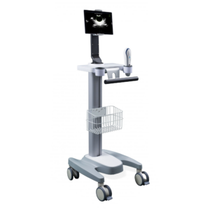 Mobile medical cart with monitor and storage compartments.
