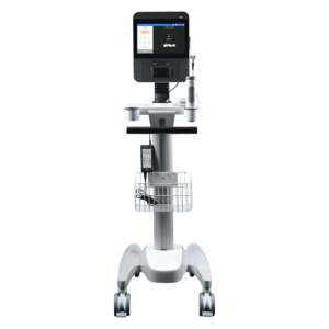 Medical device on a mobile stand with a display screen and control buttons.