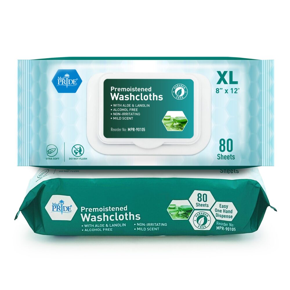 MedPride Premoistened Adult Washcloths – 8” x 12” Mild Scent (80 Wipes)