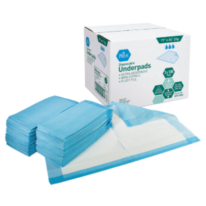 Blue disposable underpads with packaging box.