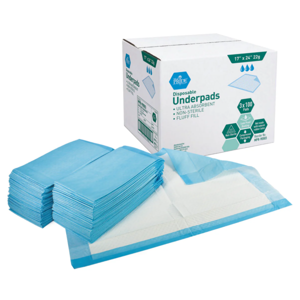Blue disposable underpads with packaging box.