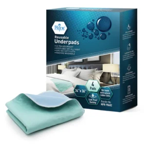 Blue mattress underpad with packaging box showing bed setup.
