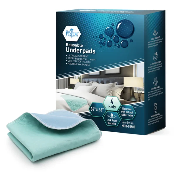 Blue mattress underpad with packaging box showing bed setup.