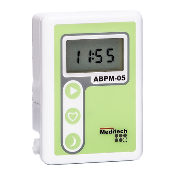 Digital blood pressure monitor showing time 11:55.