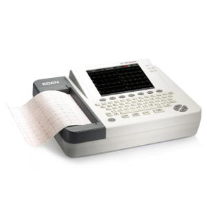 A medical ECG machine printing heart activity on paper.