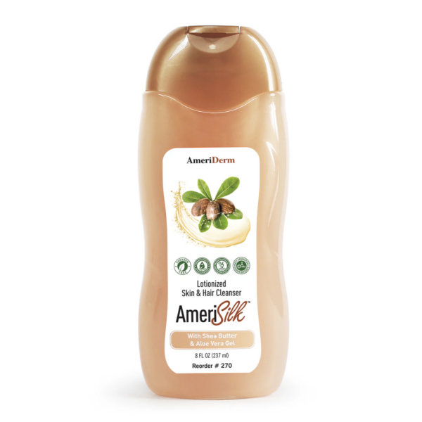 A bottle of Amecill moisturizing lotion with almond oil.