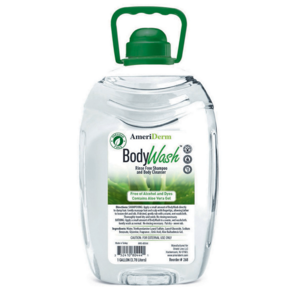 Large clear plastic bottle of BodyValue hand sanitizer with a green handle.